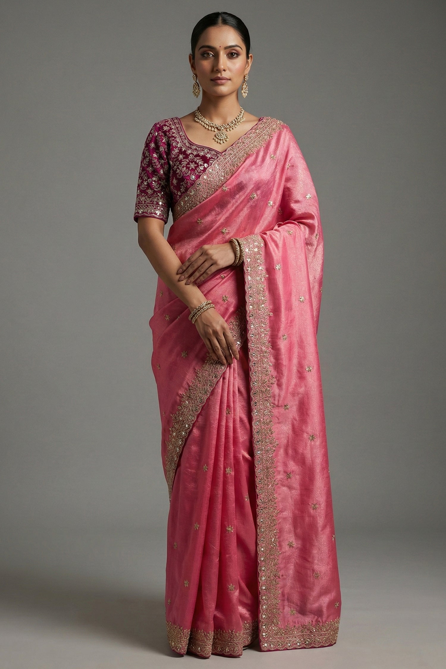 Light Pink Tissue Silk Gota Worked Saree with Readymade Blouse - pink silk saree Main image