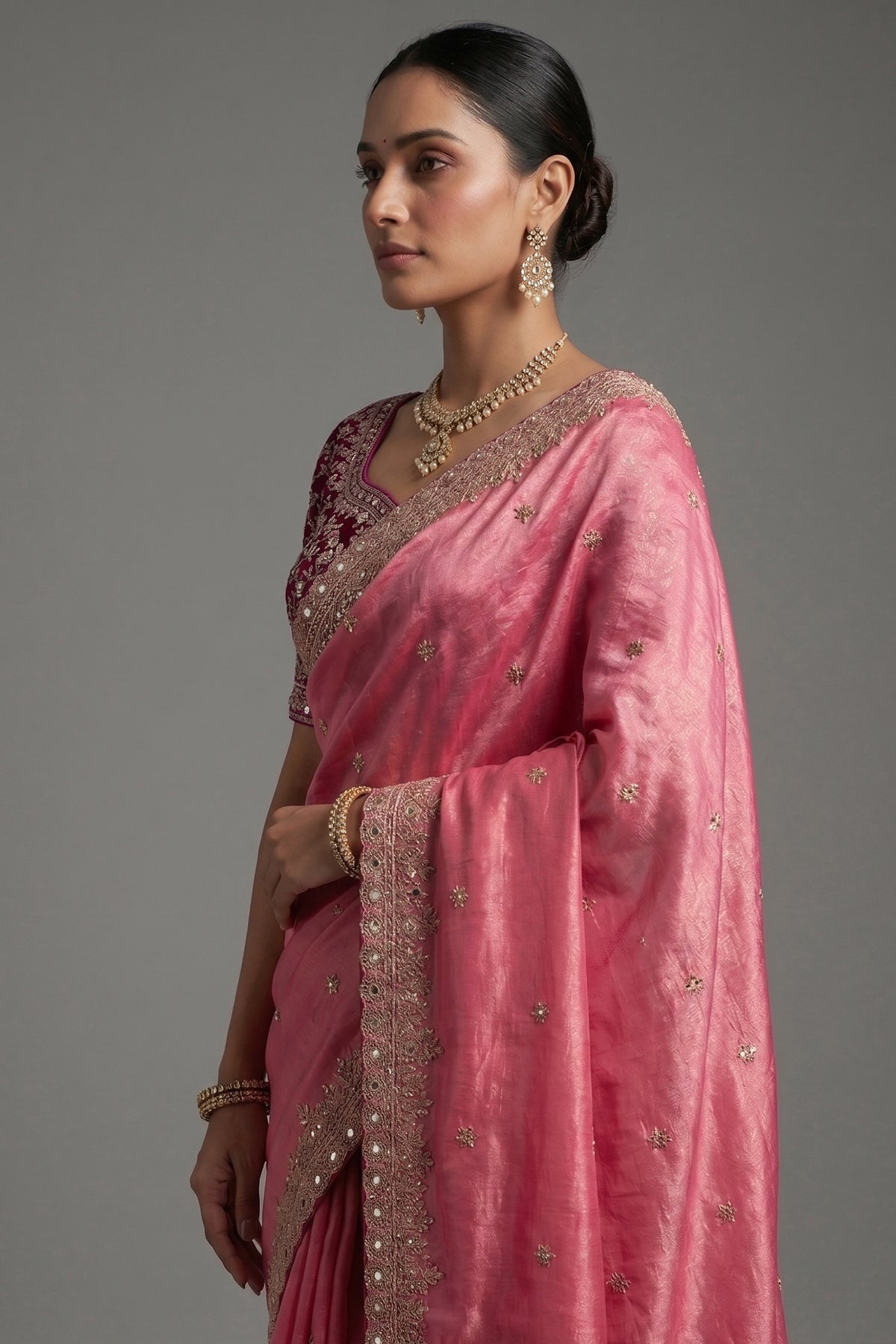 Light Pink Tissue Silk Gota Worked Saree with Readymade Blouse - pink silk saree