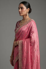Light Pink Tissue Silk Gota Worked Saree with Readymade Blouse - pink silk saree