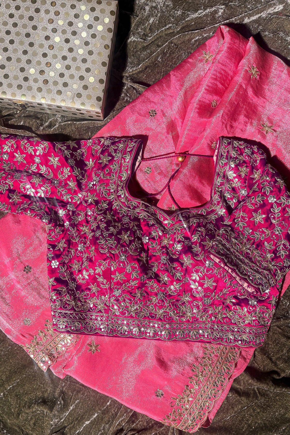 Light Pink Tissue Silk Gota Worked Saree with Readymade Blouse - pink silk saree