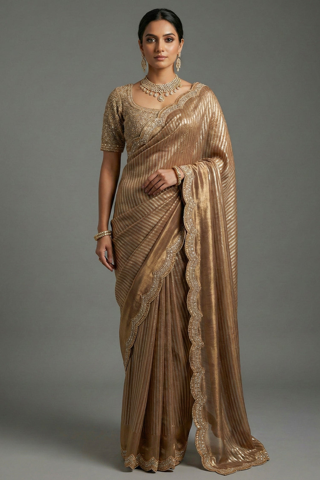 Golden Tissue Silk Designer Scallop Border Saree with Readymade Blouse - gold silk saree