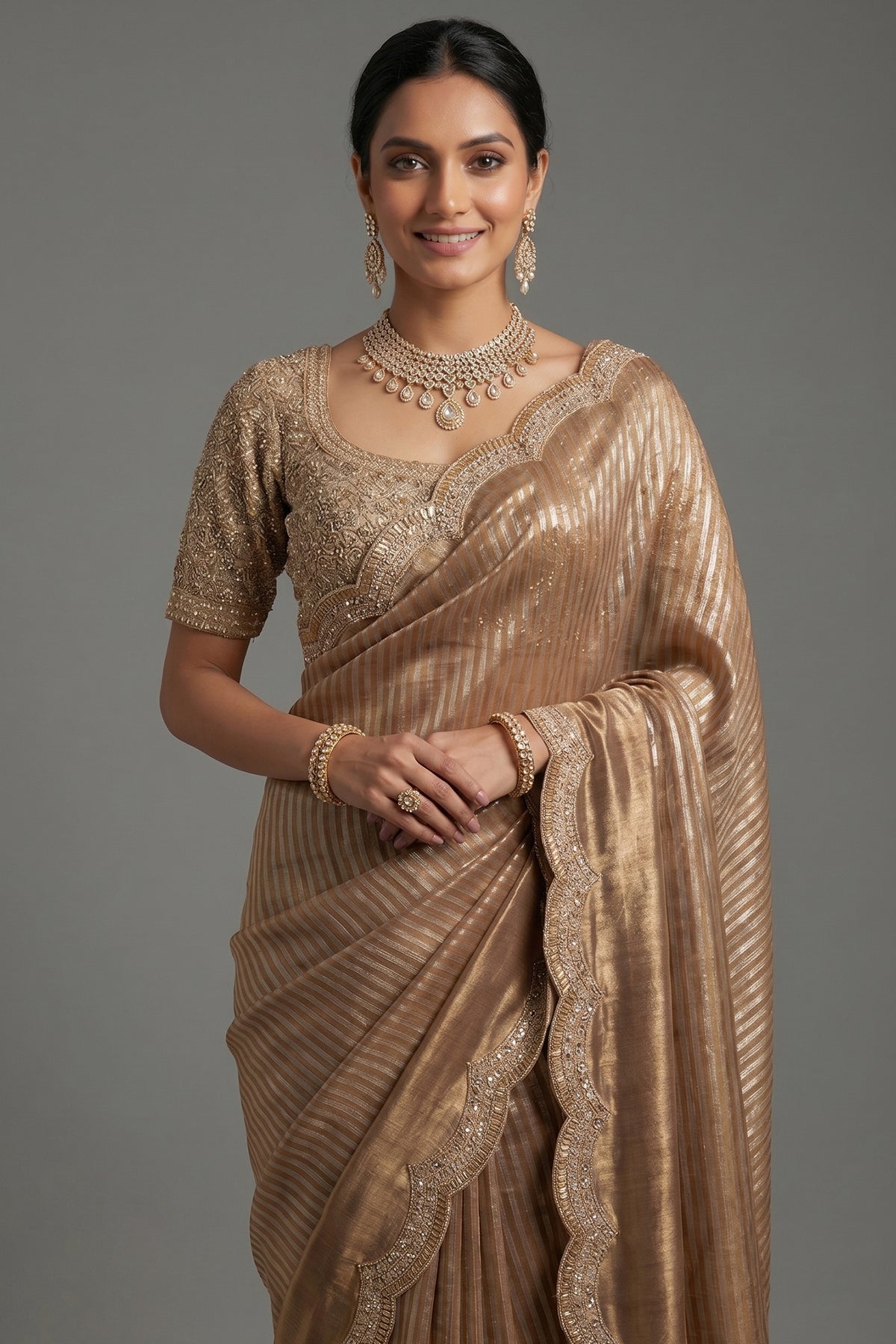 Golden Tissue Silk Designer Scallop Border Saree with Readymade Blouse - gold silk saree