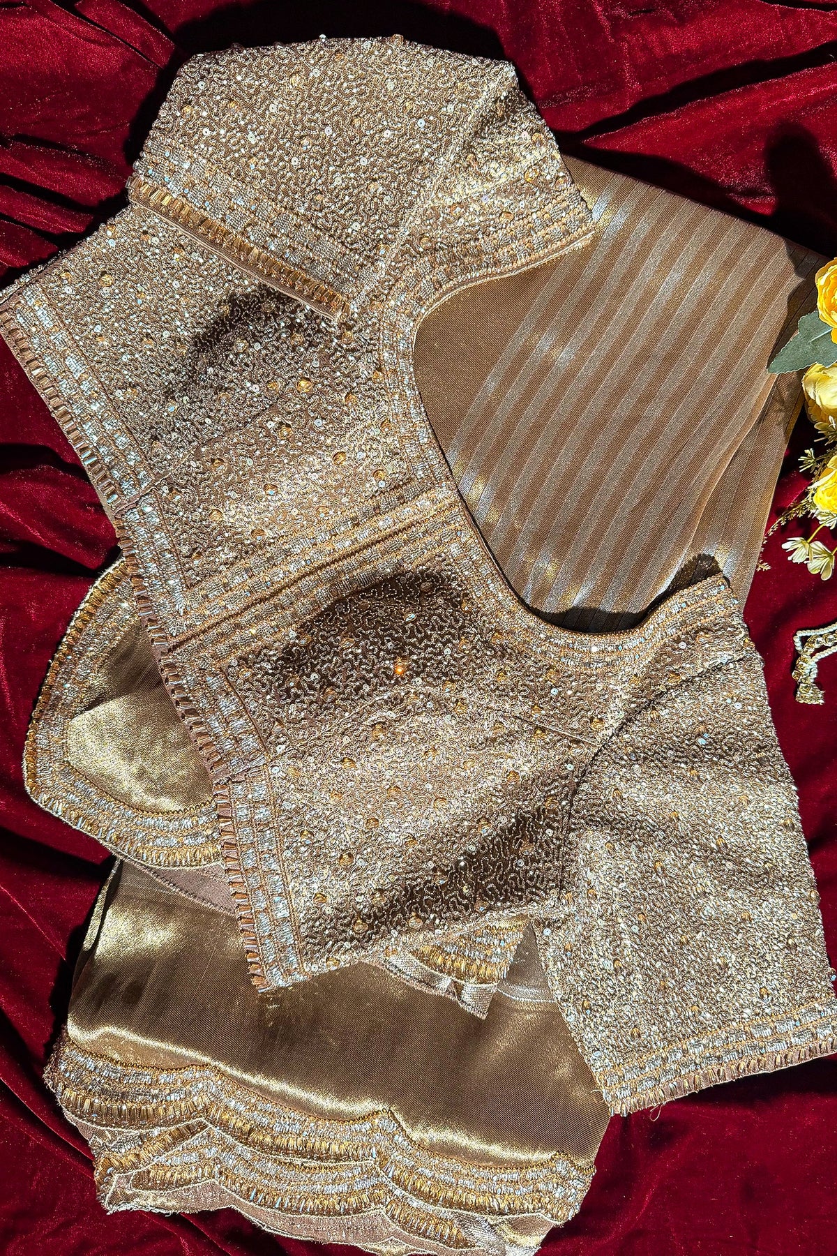 Golden Tissue Silk Designer Scallop Border Saree with Readymade Blouse - gold silk saree