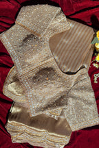 Golden Tissue Silk Designer Scallop Border Saree with Readymade Blouse - gold silk saree