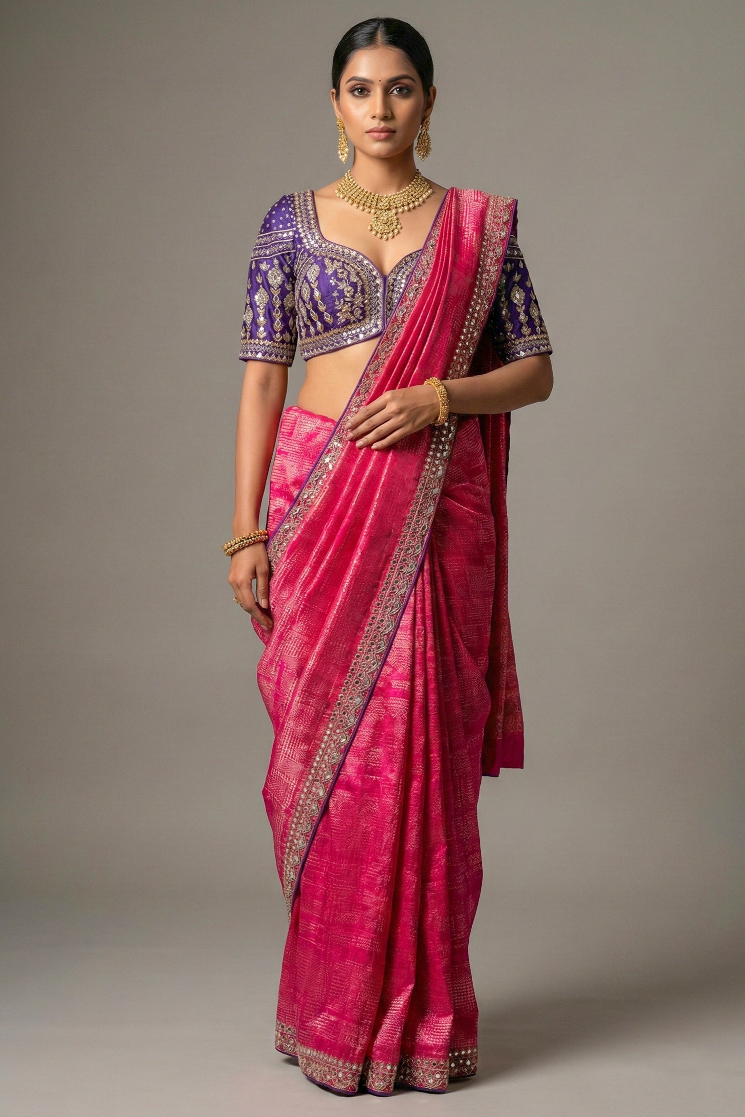 Rani Pink Dola Silk Woven Saree with Contrast Readymade Blouse - pink silk saree Main image