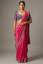 Rani Pink Dola Silk Woven Saree with Contrast Readymade Blouse - pink silk saree