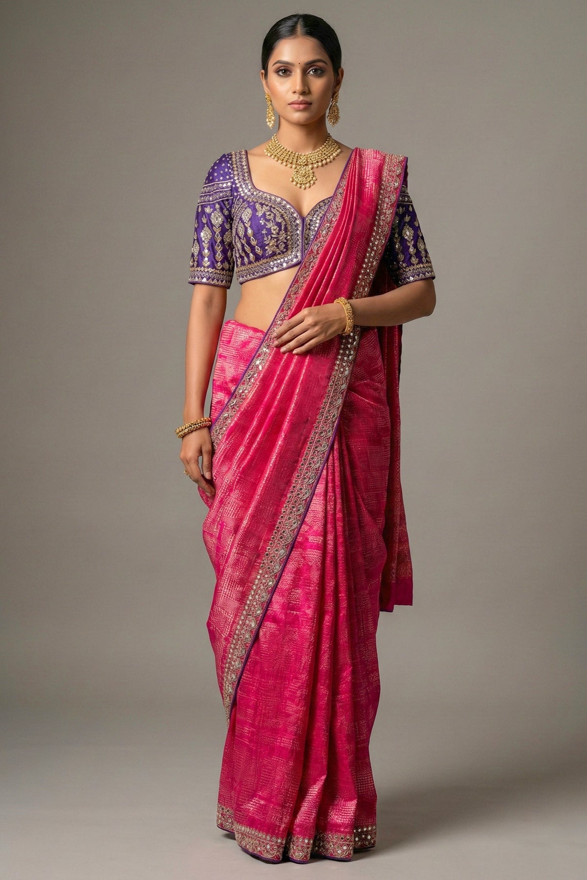 Rani Pink Dola Silk Woven Saree with Contrast Readymade Blouse