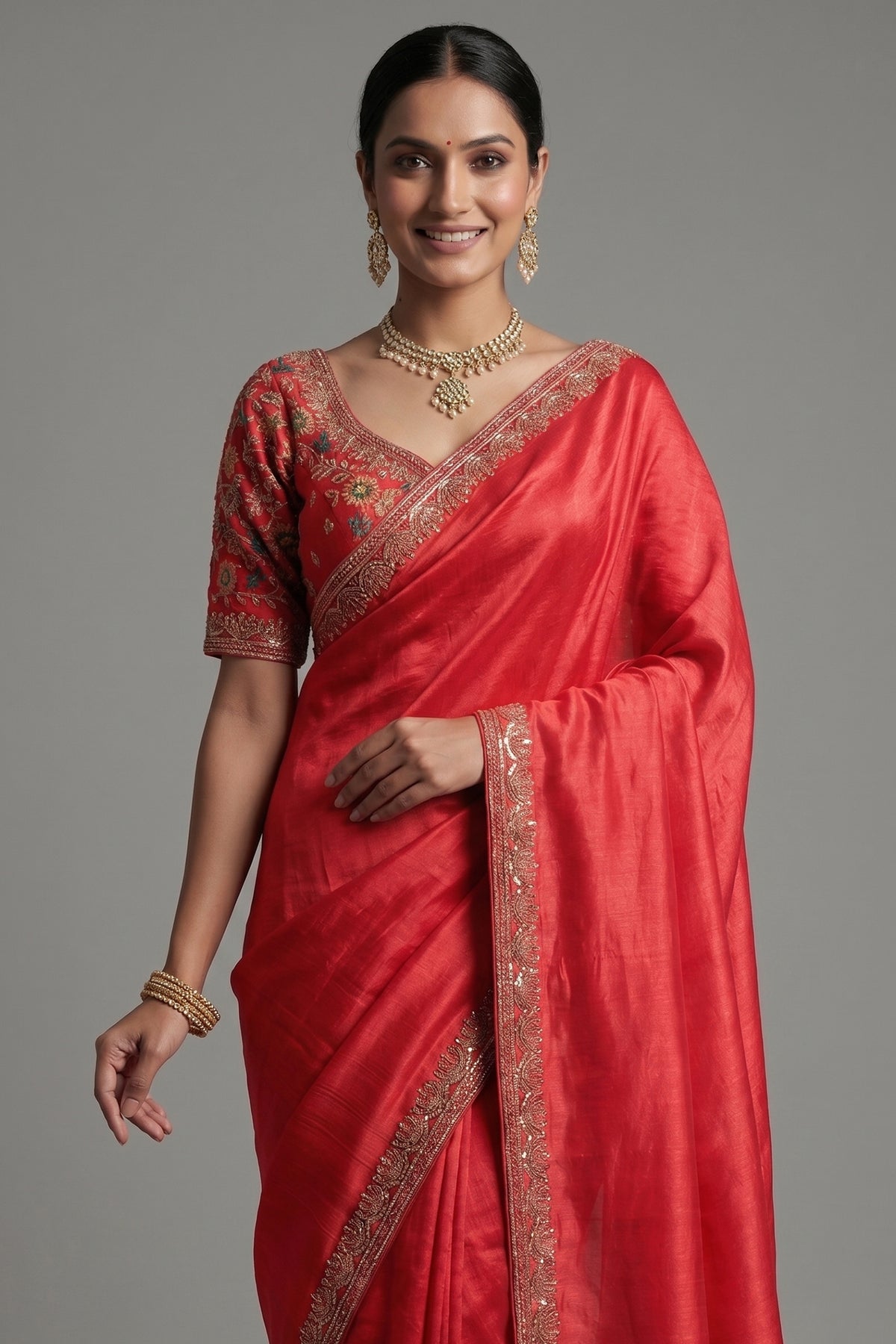Red Chinon Tissue Silk Saree with Readymade Blouse - red silk saree