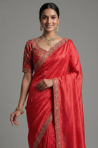 Red Chinon Tissue Silk Saree with Readymade Blouse - red silk saree