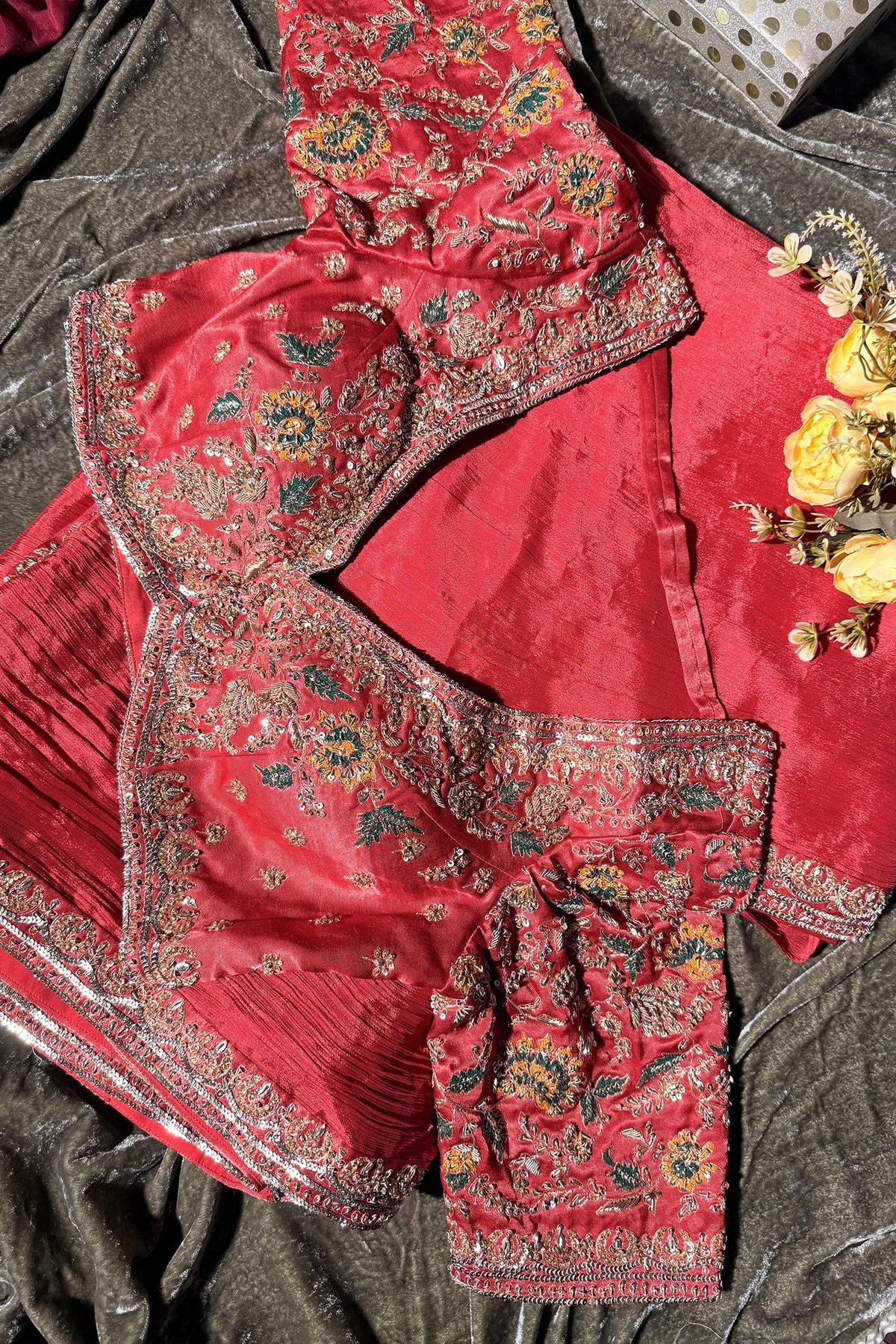 Red Chinon Tissue Silk Saree with Readymade Blouse - red silk saree
