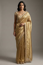 Golden and Silver Tissue Silk Saree with Designer Readymade Blouse - gold silk saree