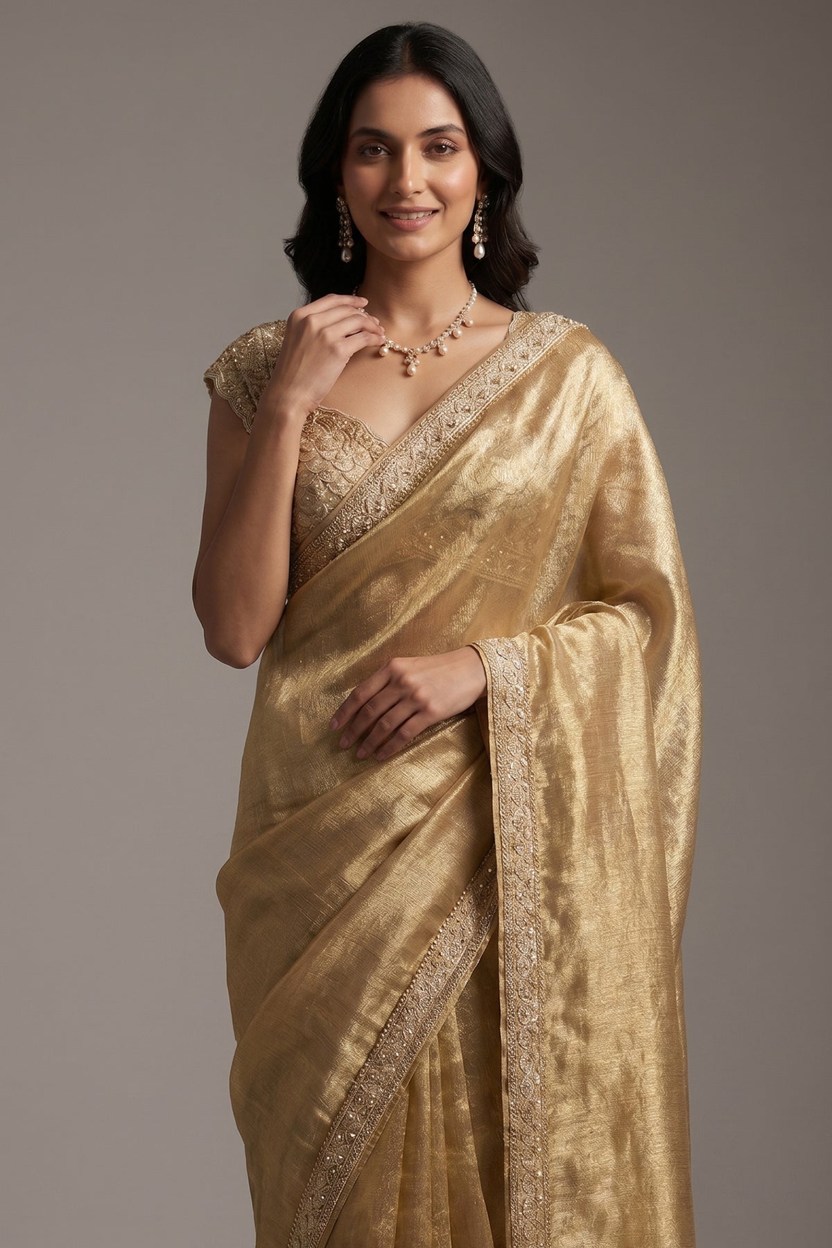 Golden and Silver Tissue Silk Saree with Designer Readymade Blouse - gold silk saree