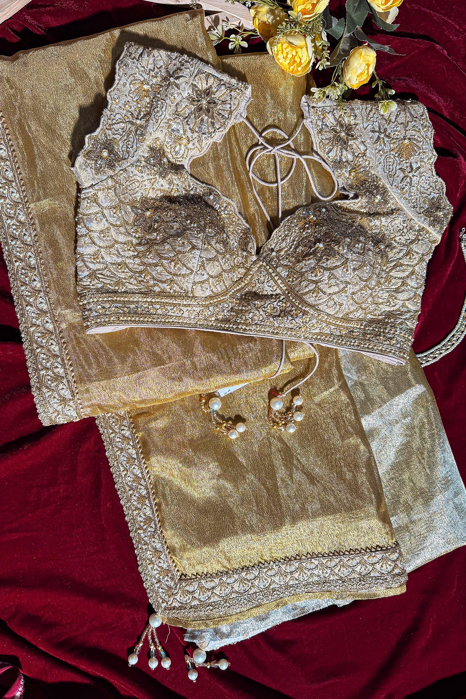 Golden and Silver Tissue Silk Saree with Designer Readymade Blouse - gold silk saree