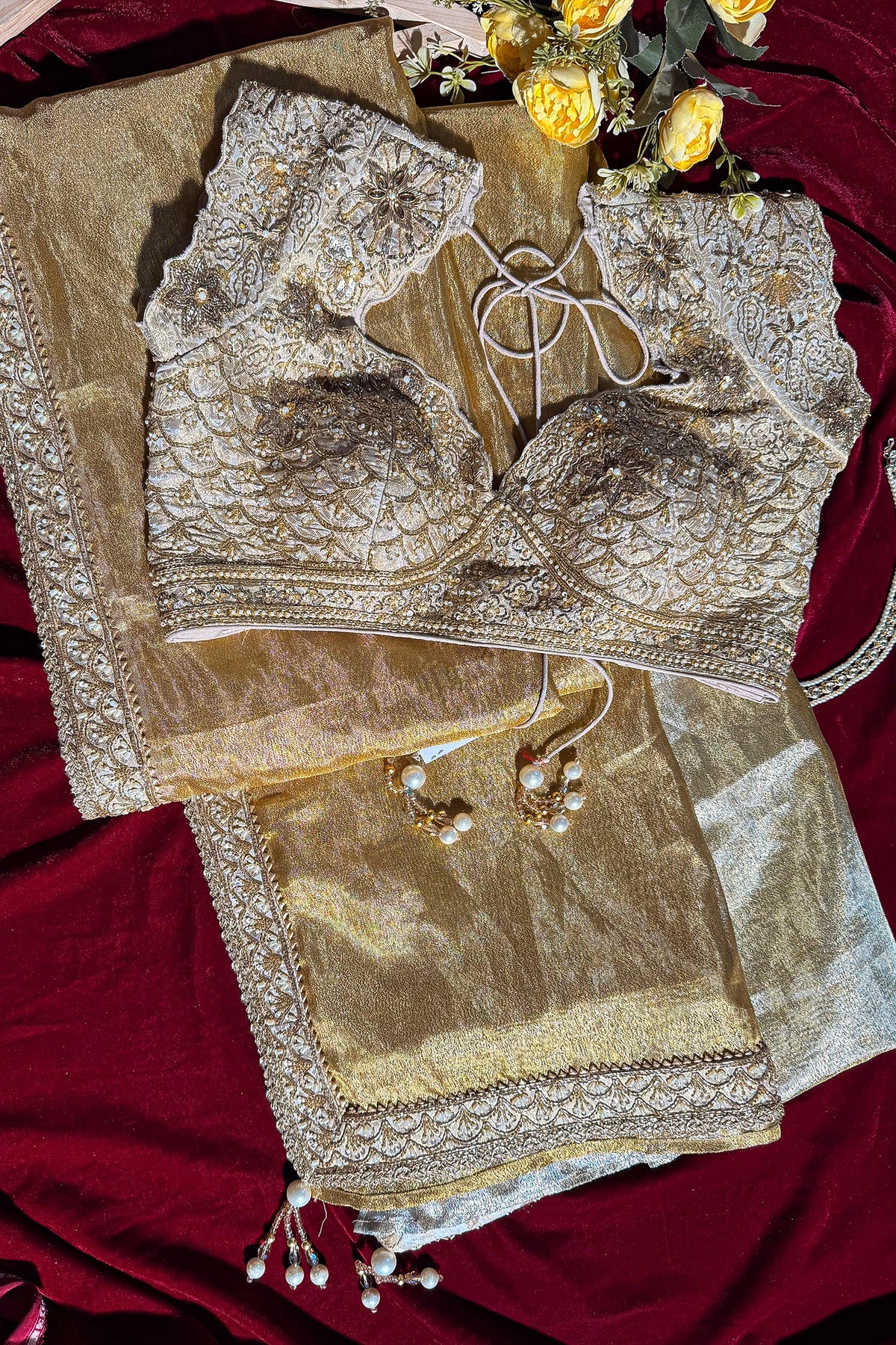 Golden and Silver Tissue Silk Saree with Designer Readymade Blouse - gold silk saree