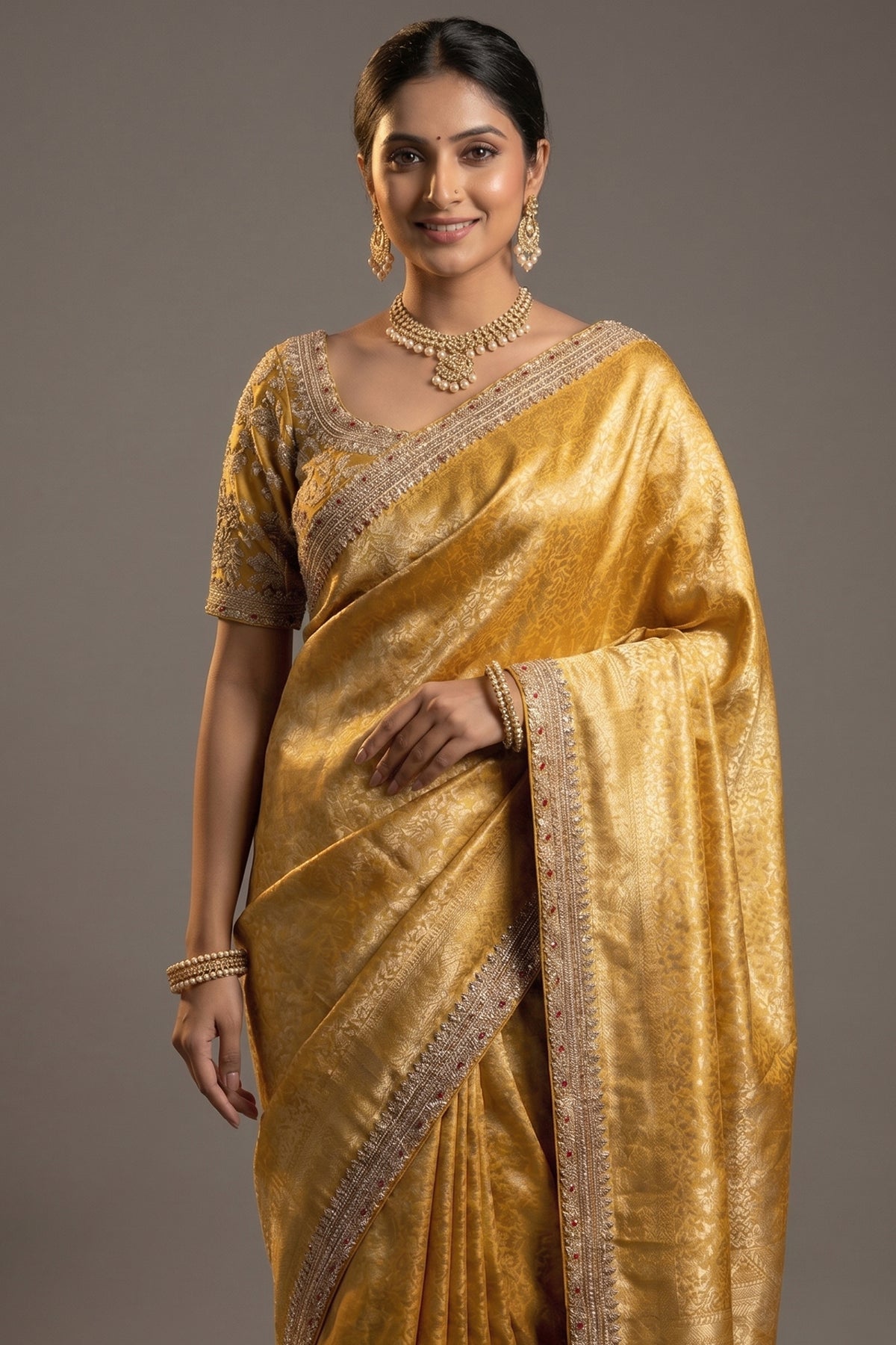 Yellow Dola Silk Woven Saree with Designer Zardosi Worked Readymade Blouse - yellow silk saree