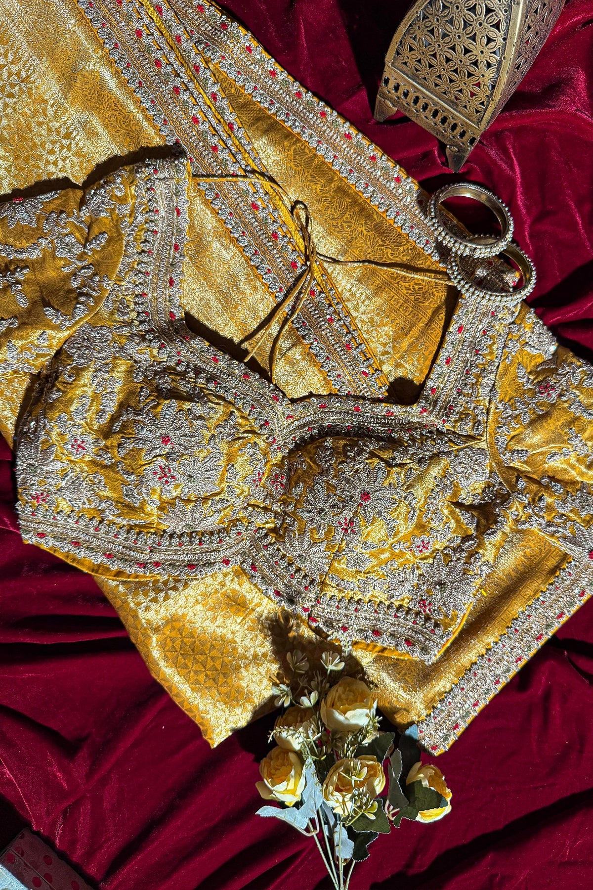 Yellow Dola Silk Woven Saree with Designer Zardosi Worked Readymade Blouse - yellow silk saree
