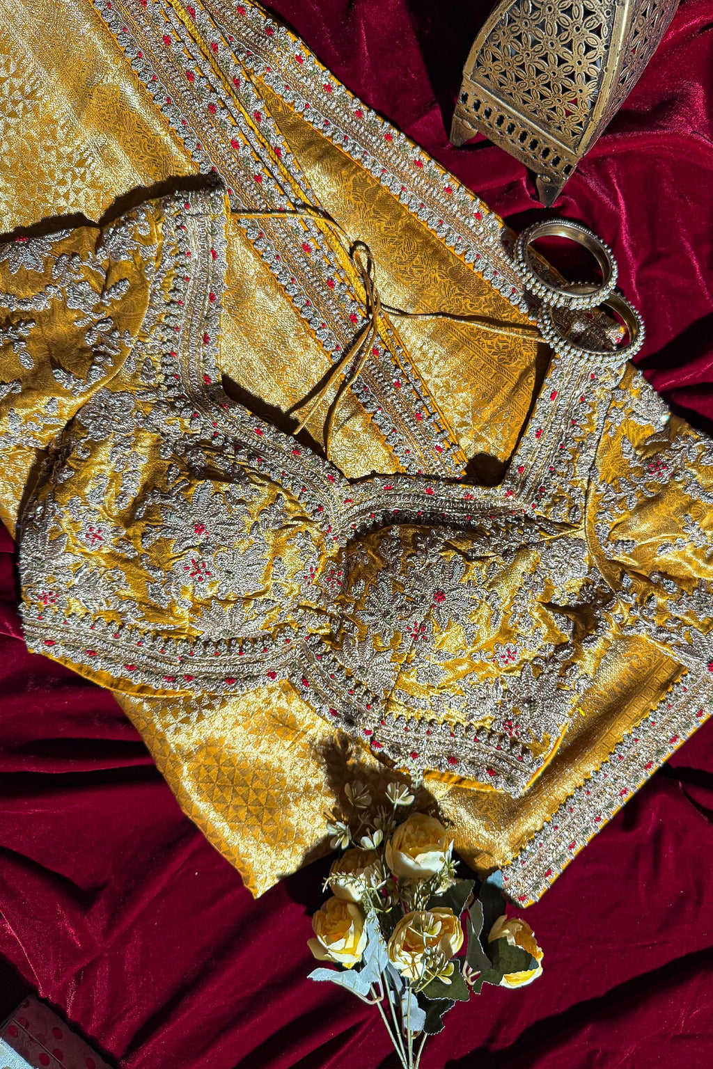 Yellow Dola Silk Woven Saree with Designer Zardosi Worked Readymade Blouse - yellow silk saree