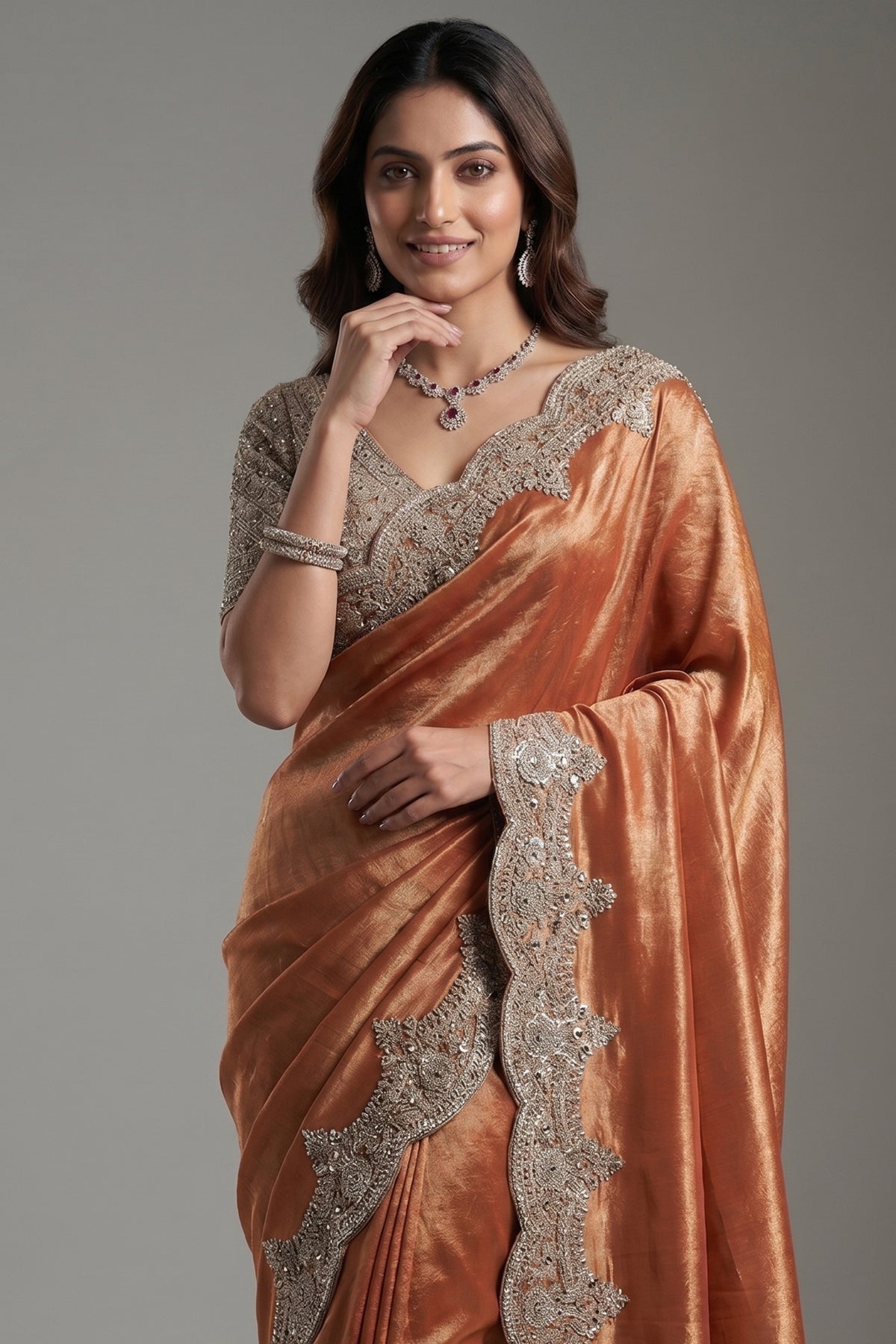 Rust Orange and Golden Two Toned Kanchipuram Viscose Silk Designer Saree with Readymade Blouse - gold silk saree