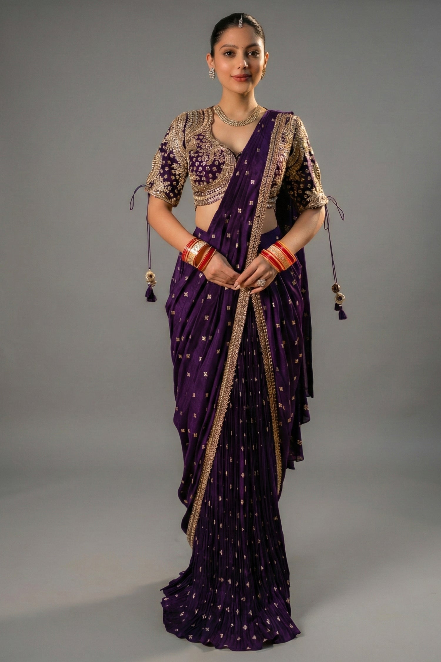 Imperial Plum Purple Raw Silk Saree - Front View