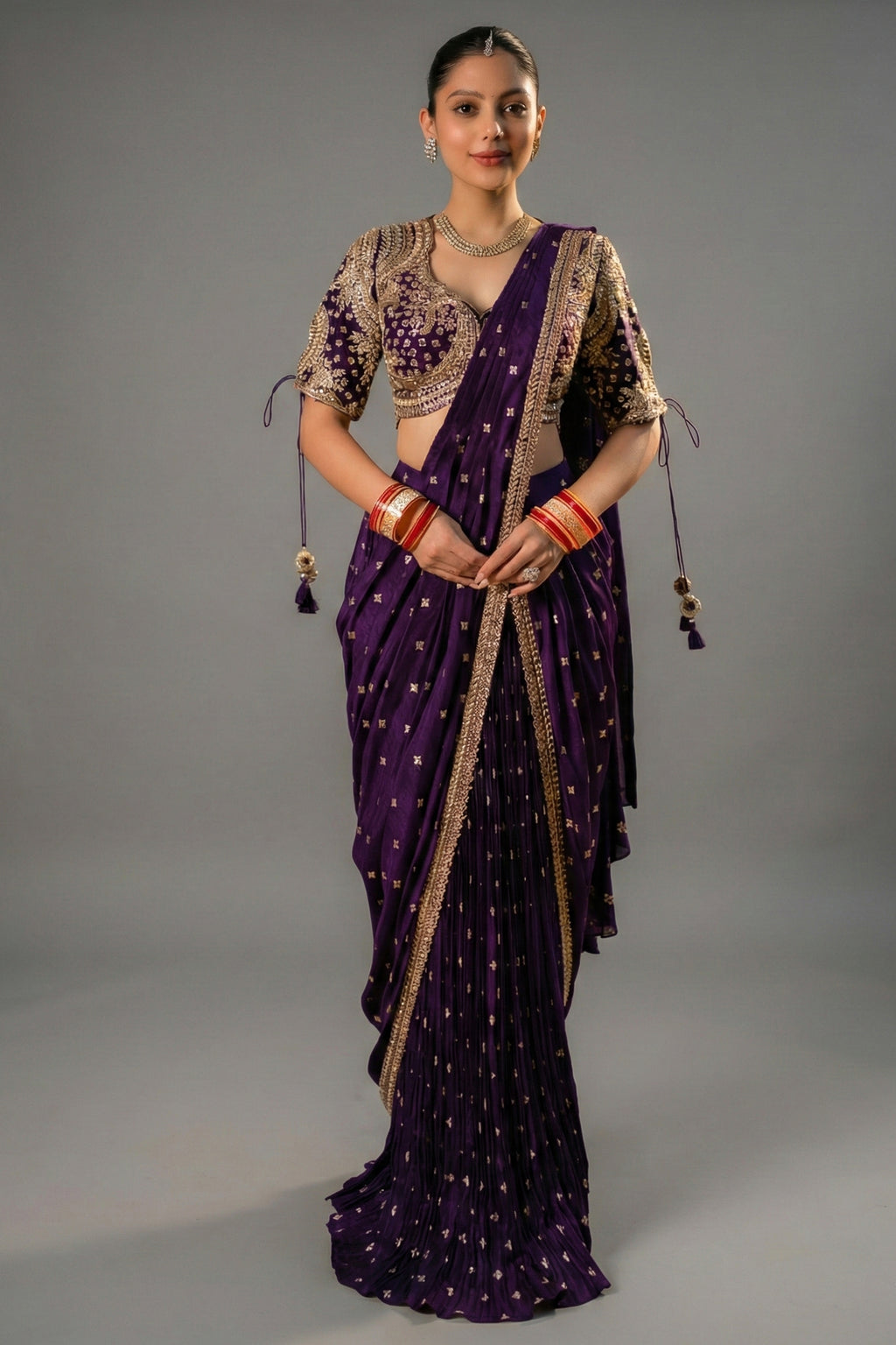 Imperial Plum Purple Raw Silk Saree - Front View