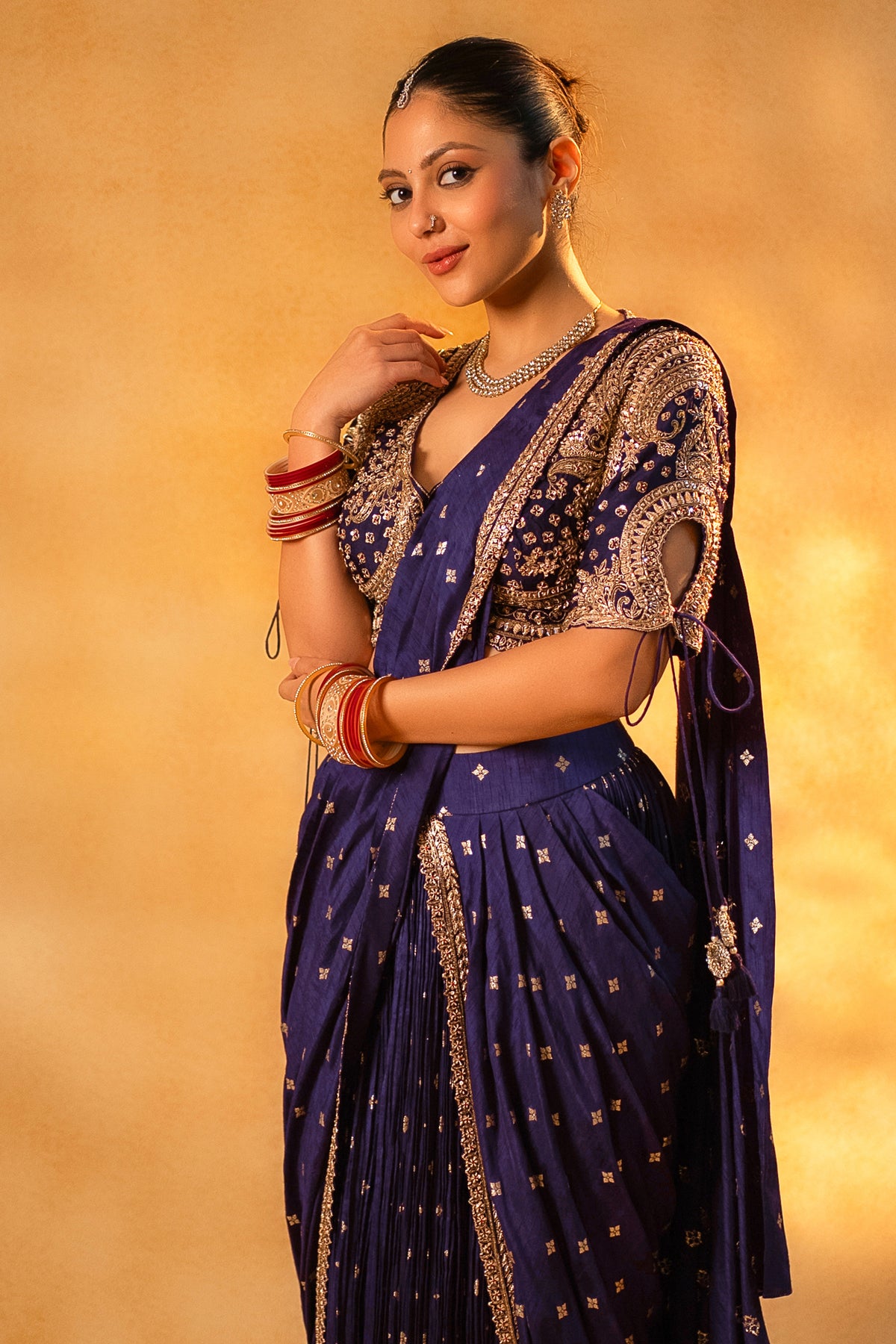 Designer Imperial Plum Purple Raw Silk Saree for winter weddings and cocktail receptions