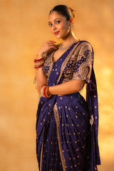 Designer Imperial Plum Purple Raw Silk Saree for winter weddings and cocktail receptions
