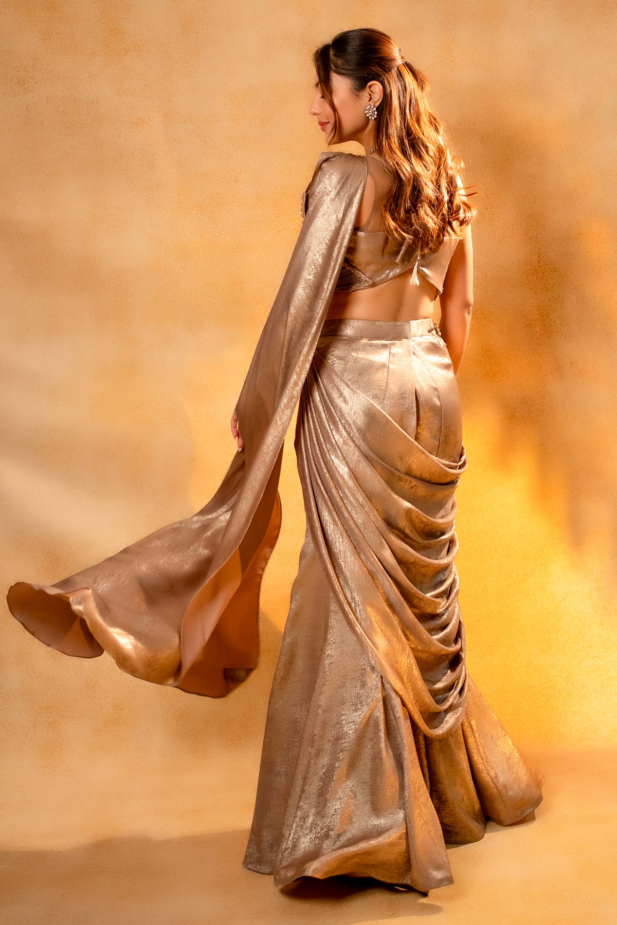 Designer Champagne Beige Ready to Wear Saree for cocktail parties and red-carpet events