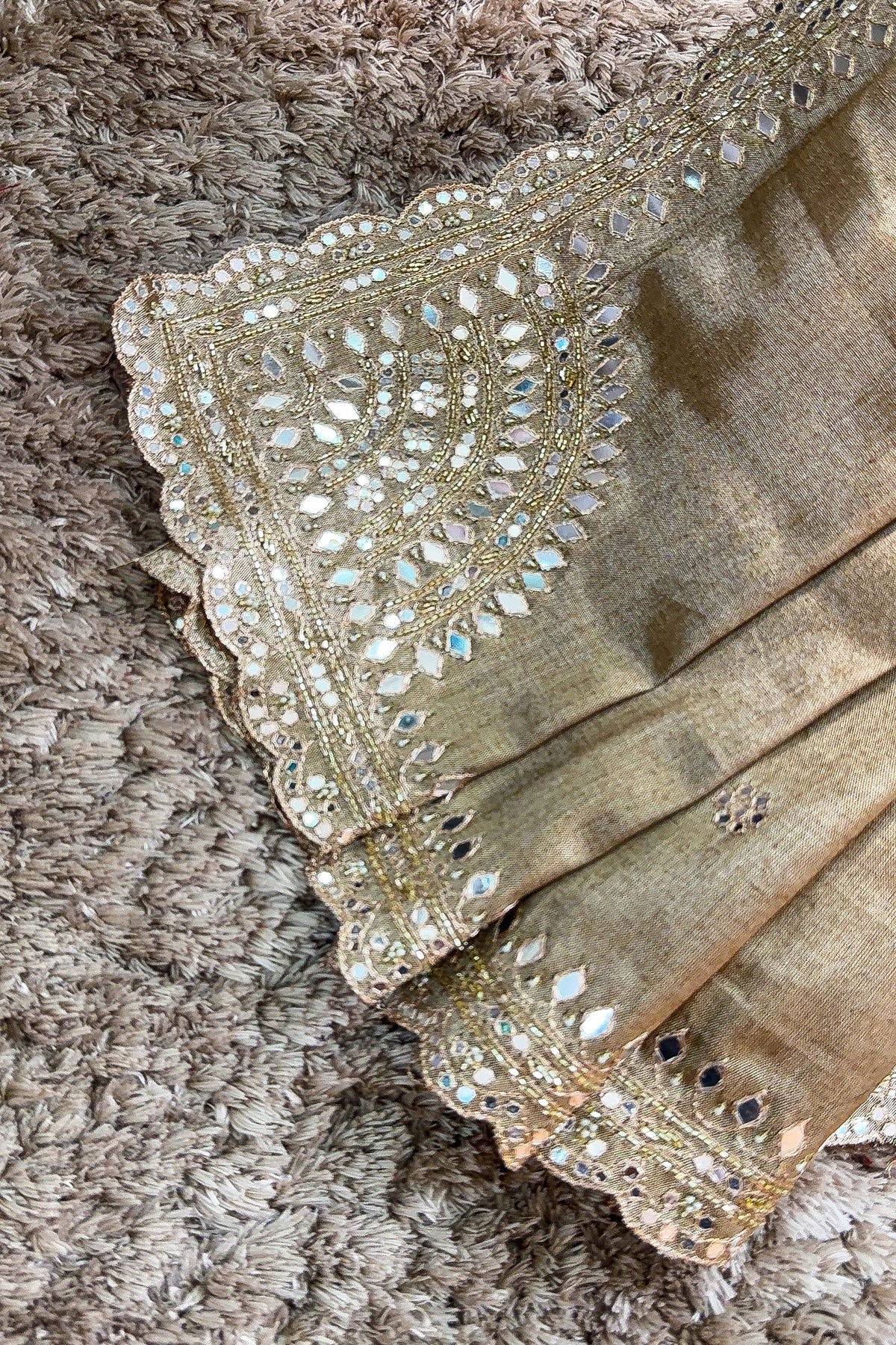 Golden Tissue Silk Mirror Applique and Cutdana Worked Saree with Ajrakh Printed Readymade Blouse - gold silk saree