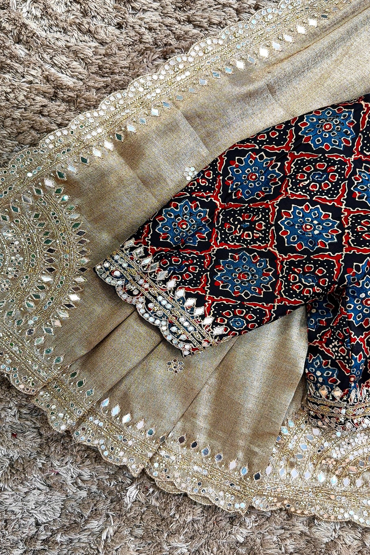 Golden Tissue Silk Mirror Applique and Cutdana Worked Saree with Ajrakh Printed Readymade Blouse - gold silk saree