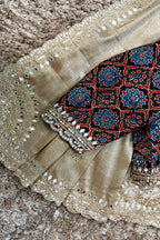 Golden Tissue Silk Mirror Applique and Cutdana Worked Saree with Ajrakh Printed Readymade Blouse - gold silk saree