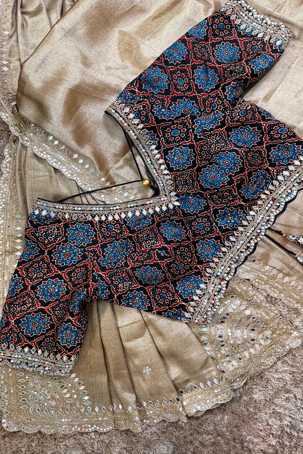 Golden Tissue Silk Mirror Applique and Cutdana Worked Saree with Ajrakh Printed Readymade Blouse - gold silk saree
