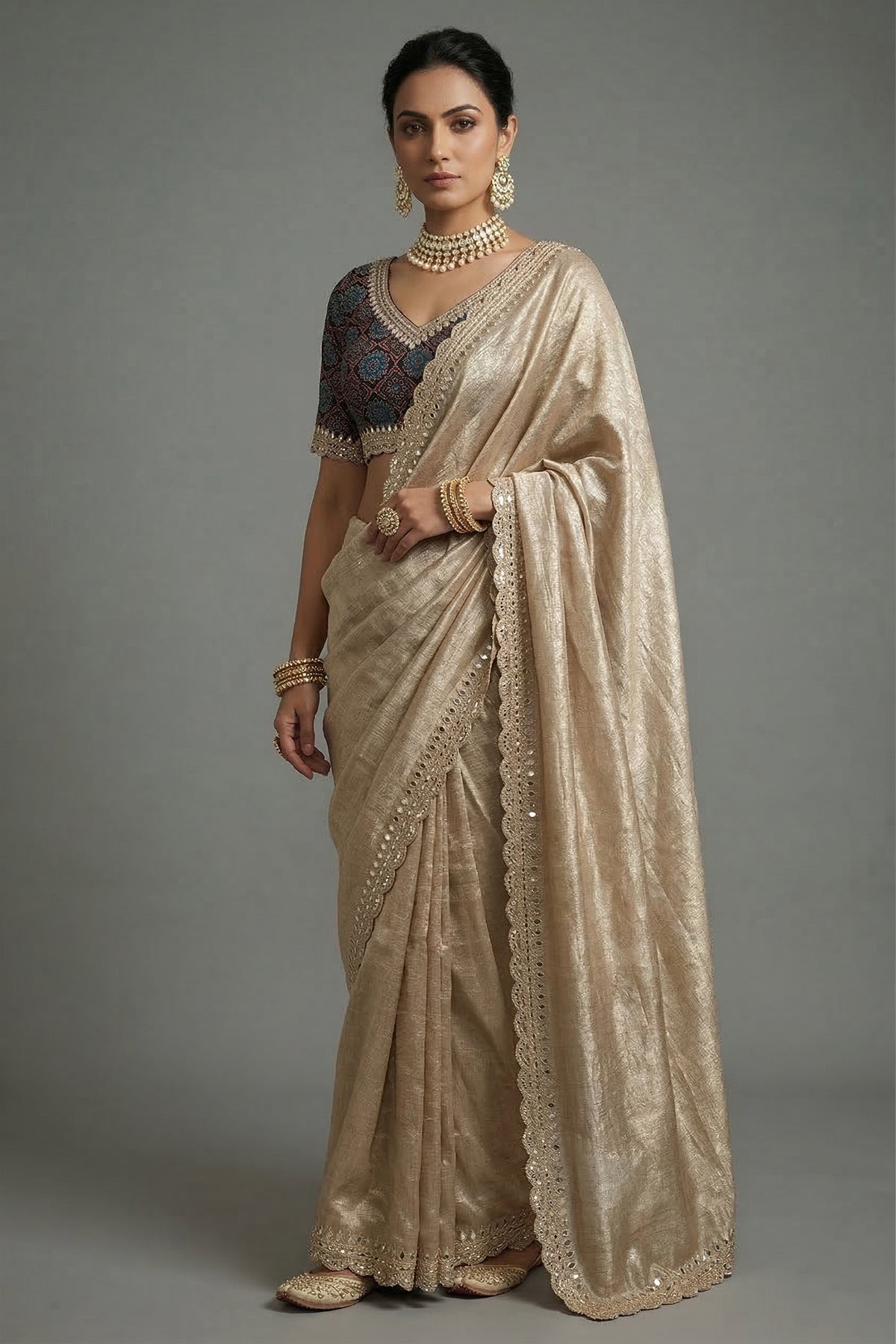 Grey Tissue Silk Mirror Applique and Cutdana Worked Saree with Ajrakh Printed Readymade Blouse