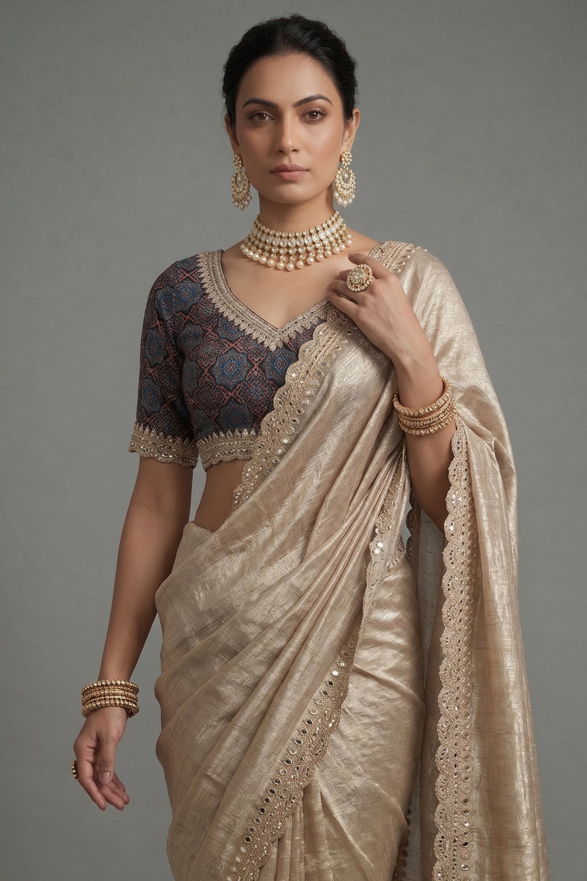 Golden Tissue Silk Mirror Applique and Cutdana Worked Saree with Ajrakh Printed Readymade Blouse - gold silk saree