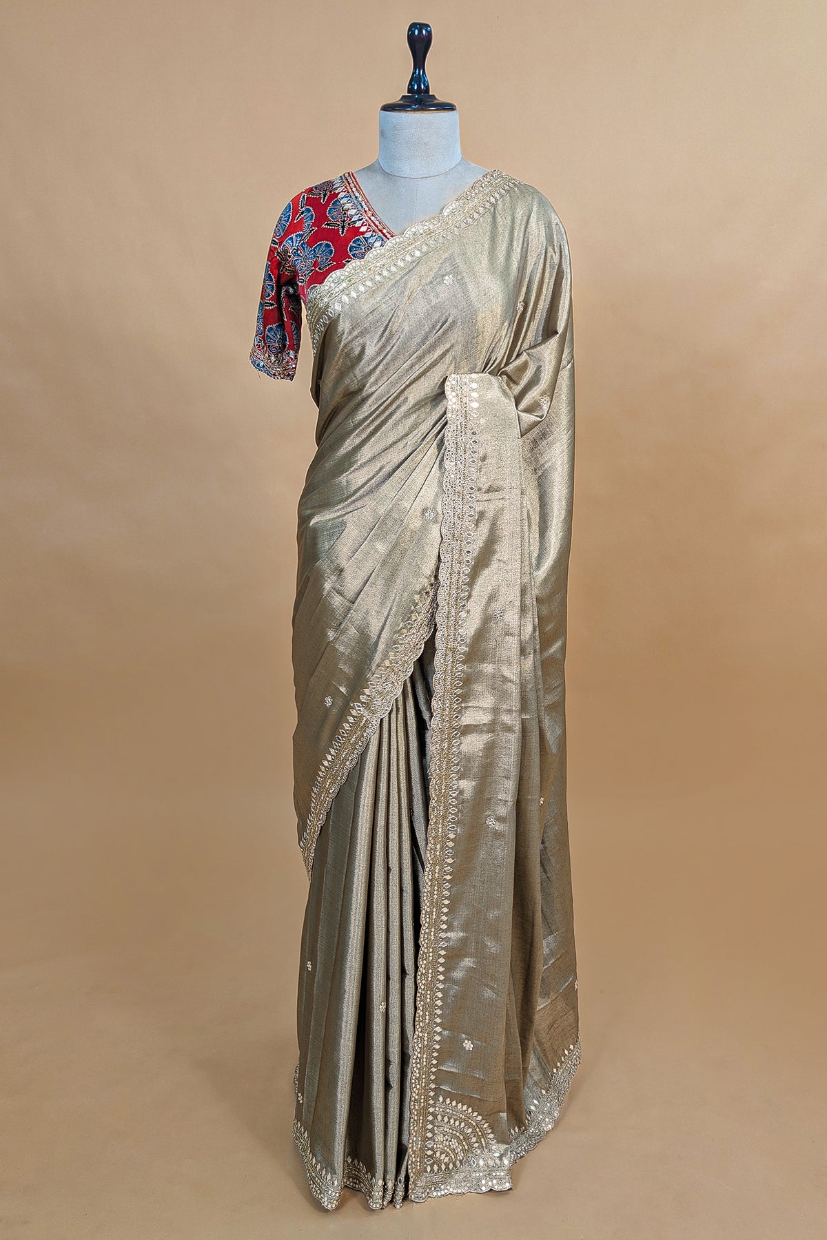 Golden Tissue Silk Mirror Applique and Cutdana Worked Saree with Ajrakh Printed Readymade Blouse - gold silk saree
