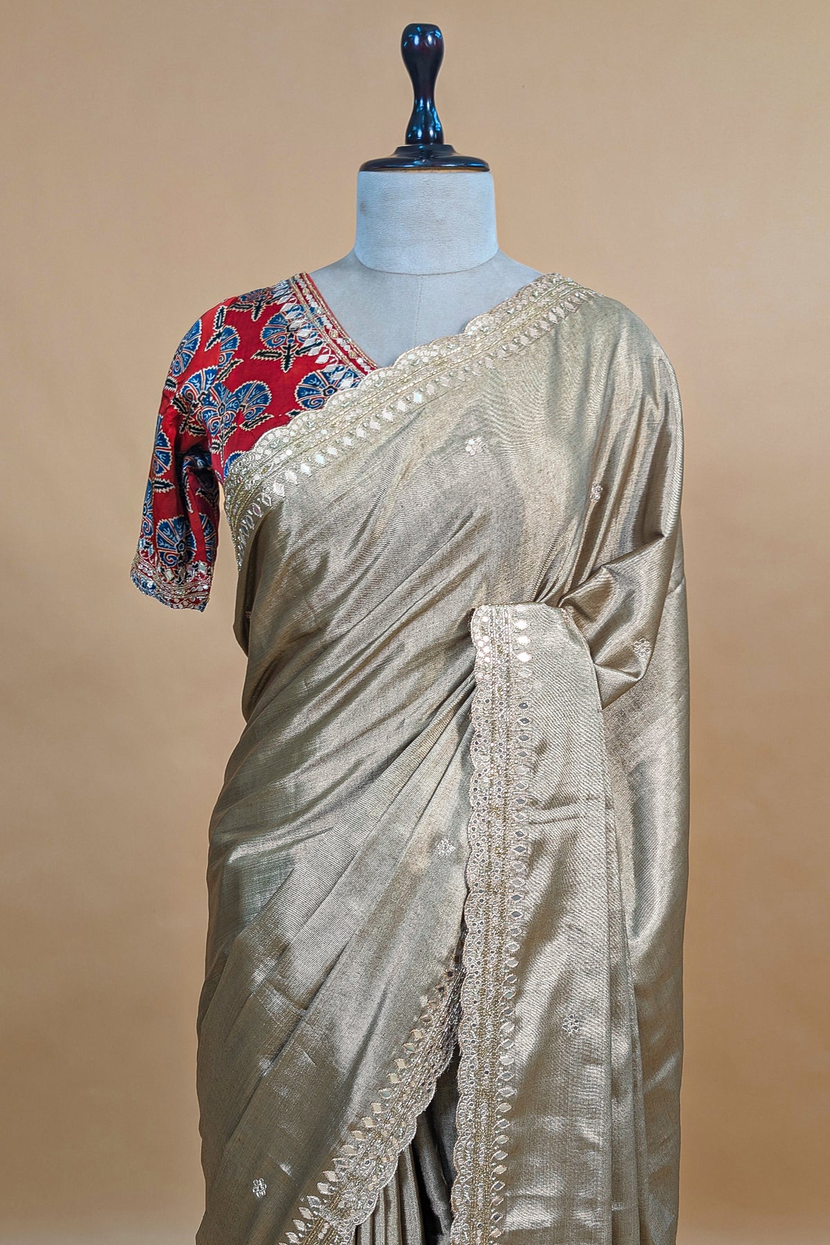 Golden Tissue Silk Mirror Applique and Cutdana Worked Saree with Ajrakh Printed Readymade Blouse - gold silk saree