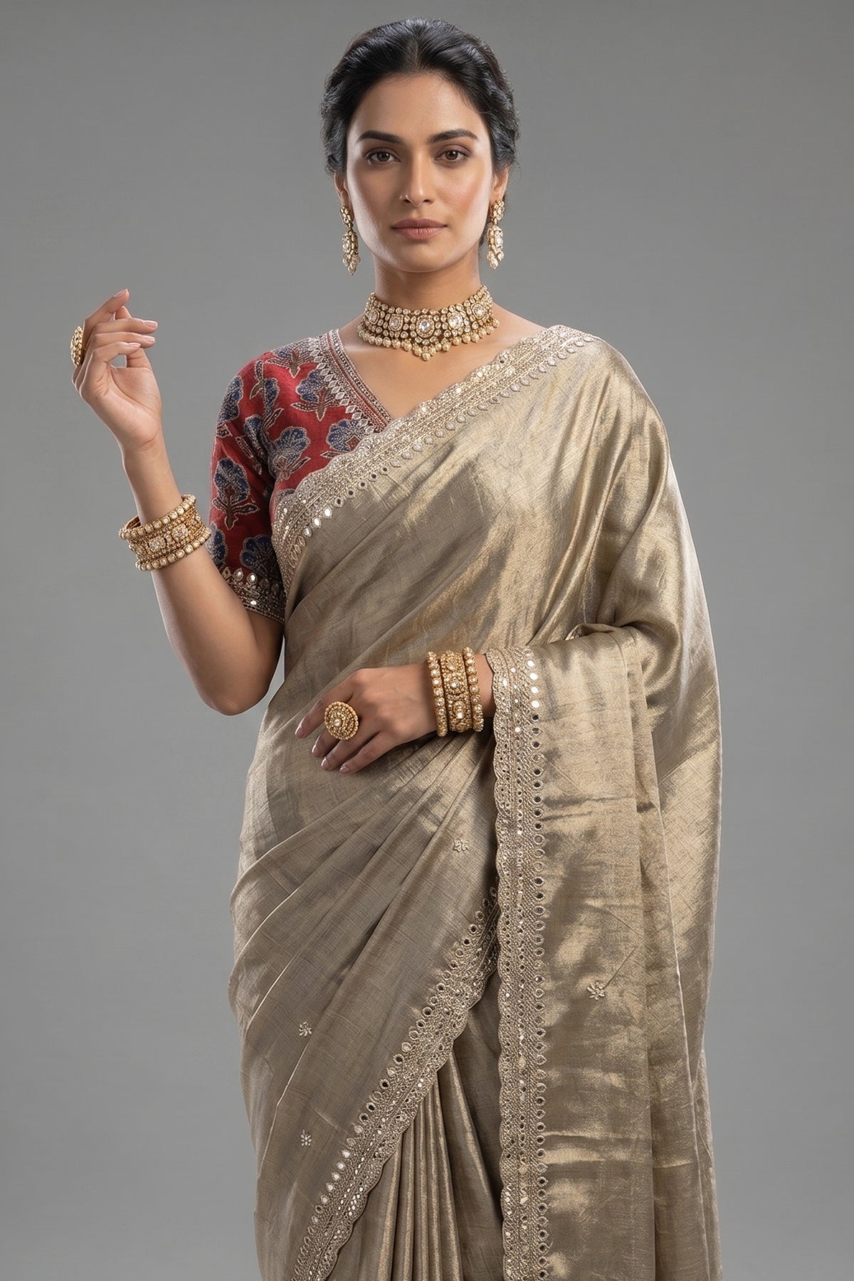 Golden Tissue Silk Mirror Applique and Cutdana Worked Saree with Ajrakh Printed Readymade Blouse - gold silk saree