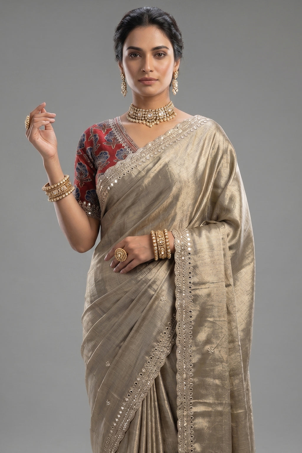 Golden Tissue Silk Mirror Applique and Cutdana Worked Saree with Ajrakh Printed Readymade Blouse - gold silk saree