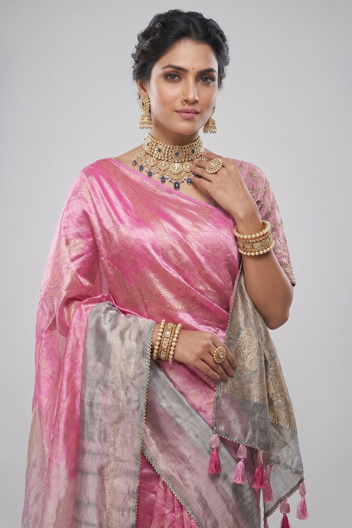 Pink and Grey Omber Organza Silk Saree with Weaving Pallu and Readymade Blouse - pink silk saree