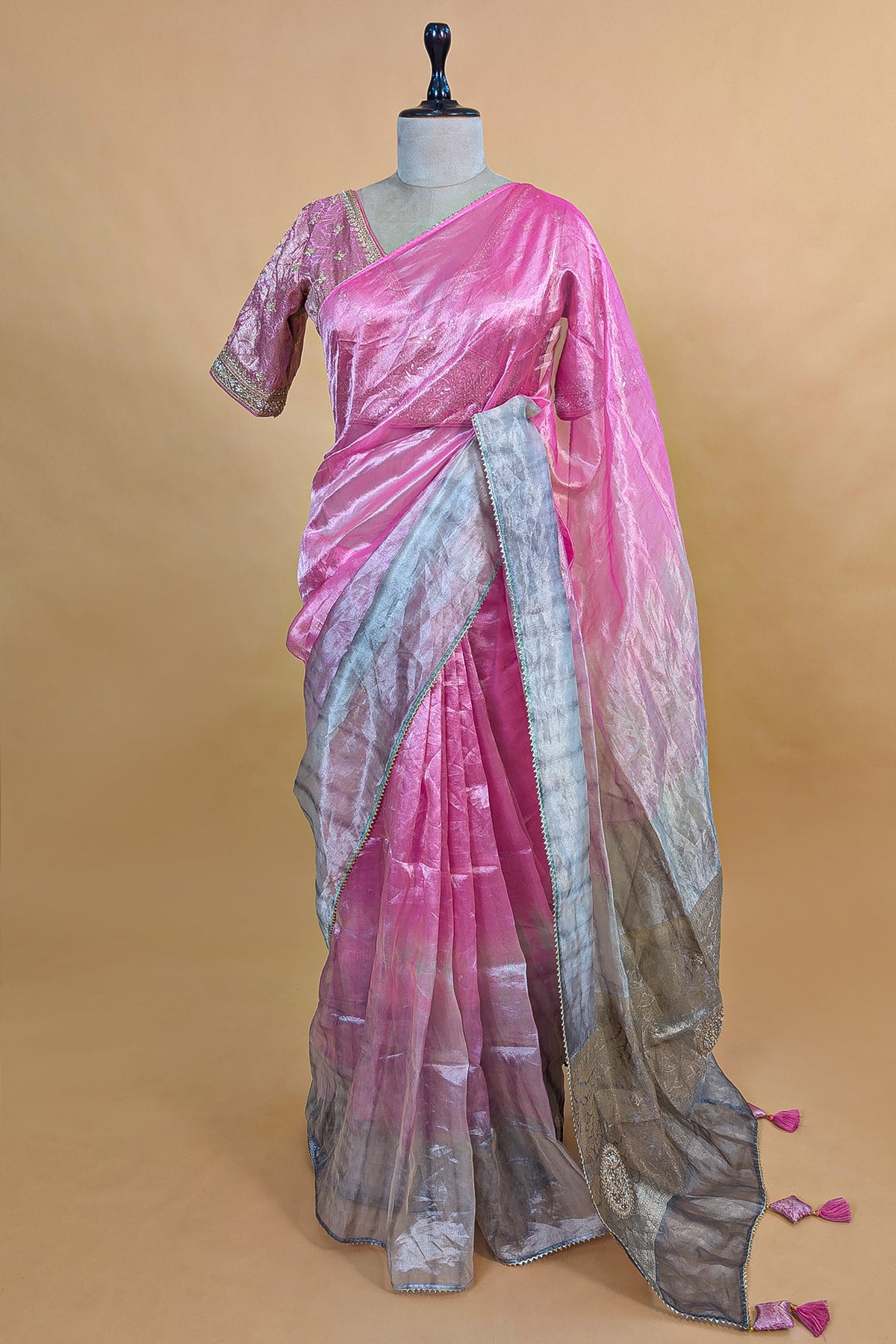 Pink and Grey Omber Organza Silk Saree with Weaving Pallu and Readymade Blouse - pink silk saree