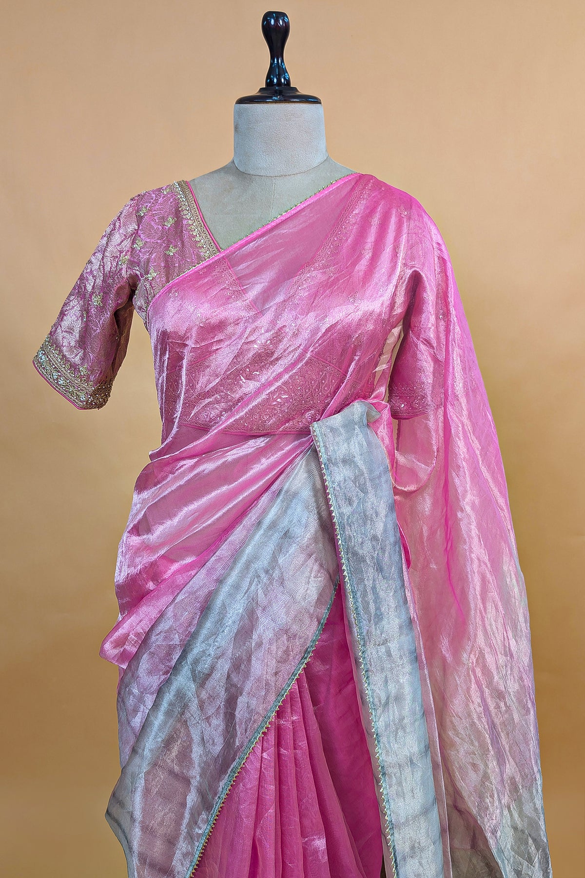 Pink and Grey Omber Organza Silk Saree with Weaving Pallu and Readymade Blouse - pink silk saree