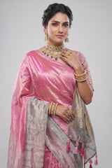 Pink and Grey Omber Organza Silk Saree with Weaving Pallu and Readymade Blouse - pink silk saree