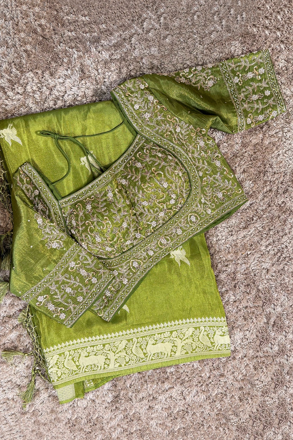 Olive Green Dola Tissue Silk Woven Saree with Readymade Blouse - green silk saree