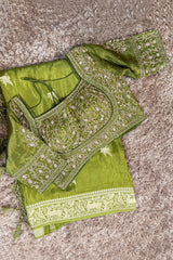 Olive Green Dola Tissue Silk Woven Saree with Readymade Blouse - green silk saree