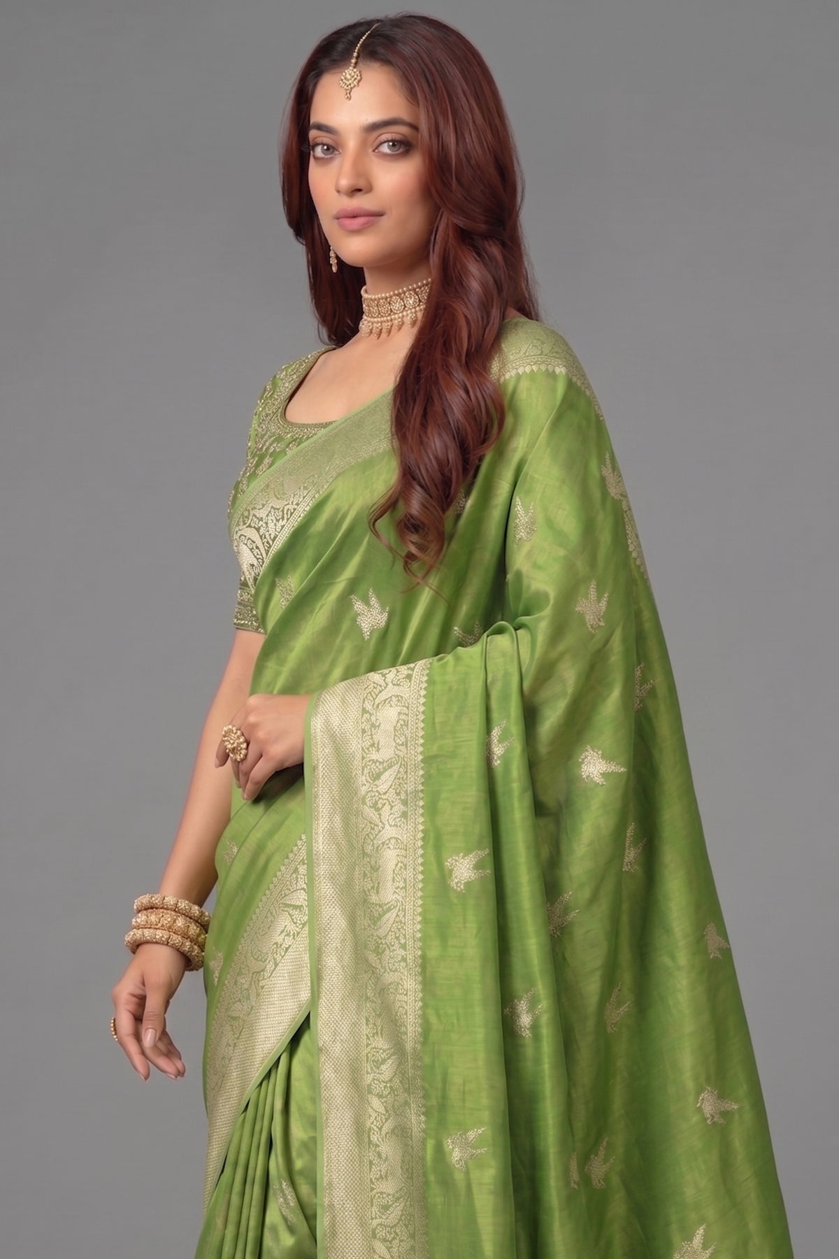 Olive Green Dola Tissue Silk Woven Saree with Readymade Blouse - green silk saree