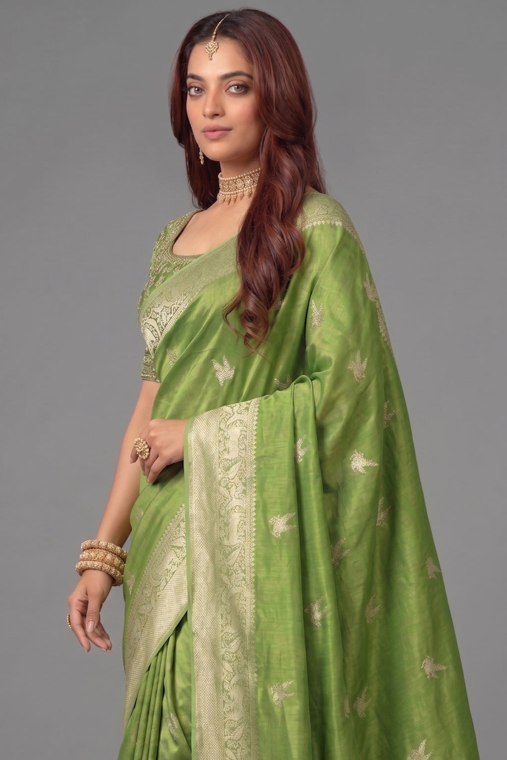 Olive Green Dola Tissue Silk Woven Saree with Readymade Blouse - green silk saree