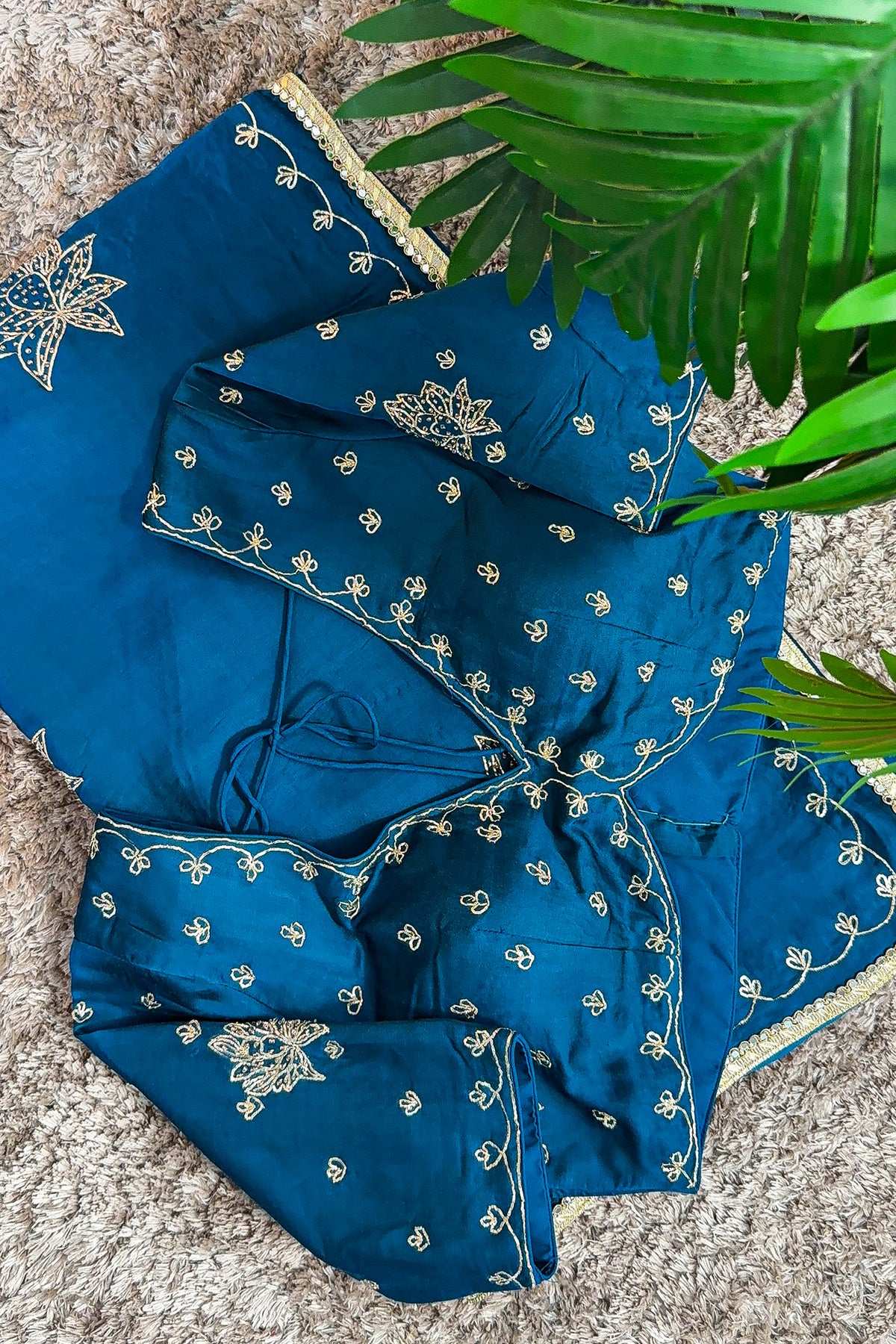 Peacock Blue Satin Silk Beads and Mirror Worked Saree with Readymade Blouse - blue silk saree