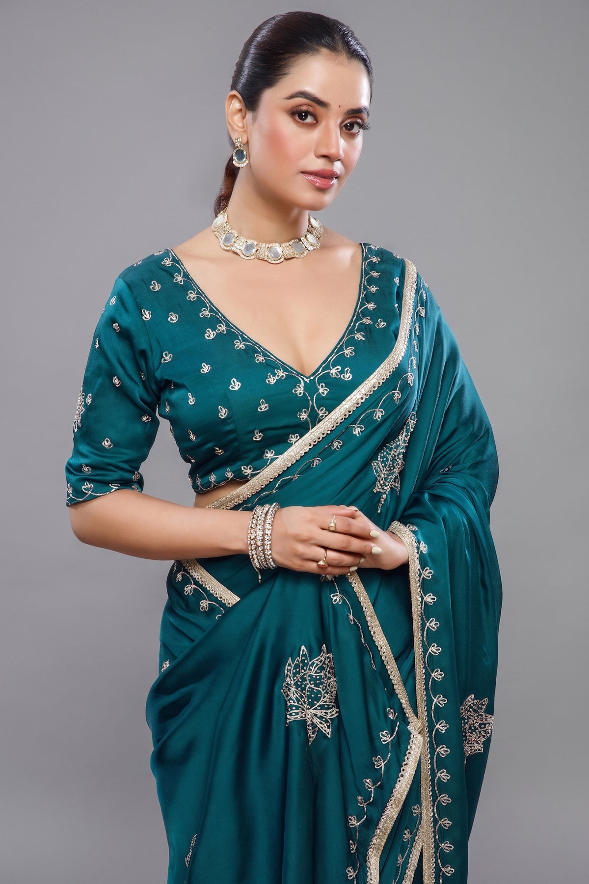 Peacock Blue Satin Silk Beads and Mirror Worked Saree with Readymade Blouse - blue silk saree