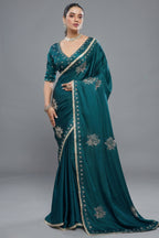 Peacock Blue Satin Silk Beads and Mirror Worked Saree with Readymade Blouse - blue silk saree