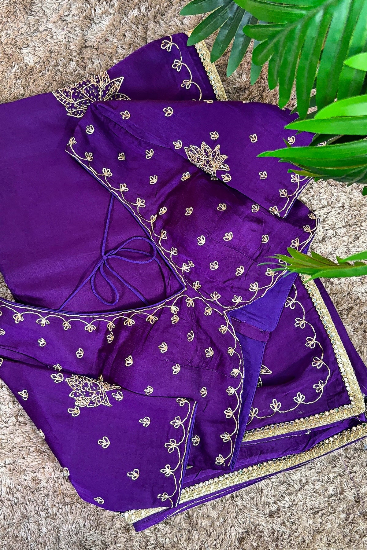 Purple Satin Silk Beads and Mirror Worked Saree with Readymade Blouse - purple silk saree