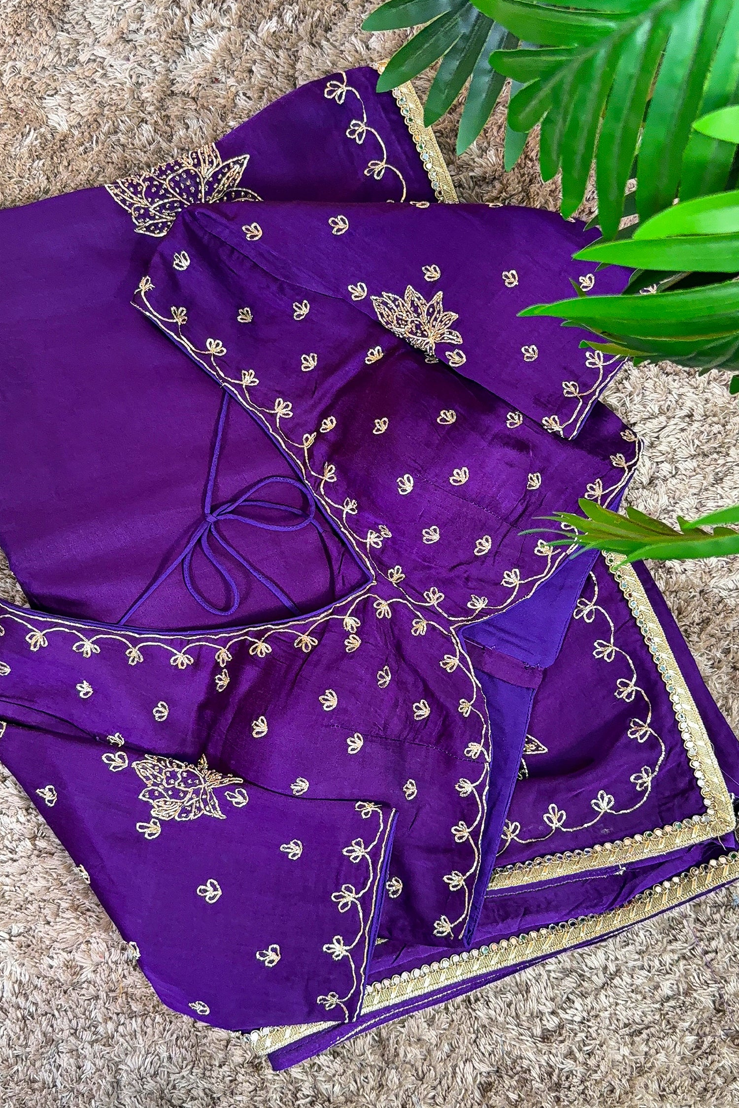 Purple Satin Silk Beads and Mirror Worked Saree with Readymade Blouse - purple silk saree